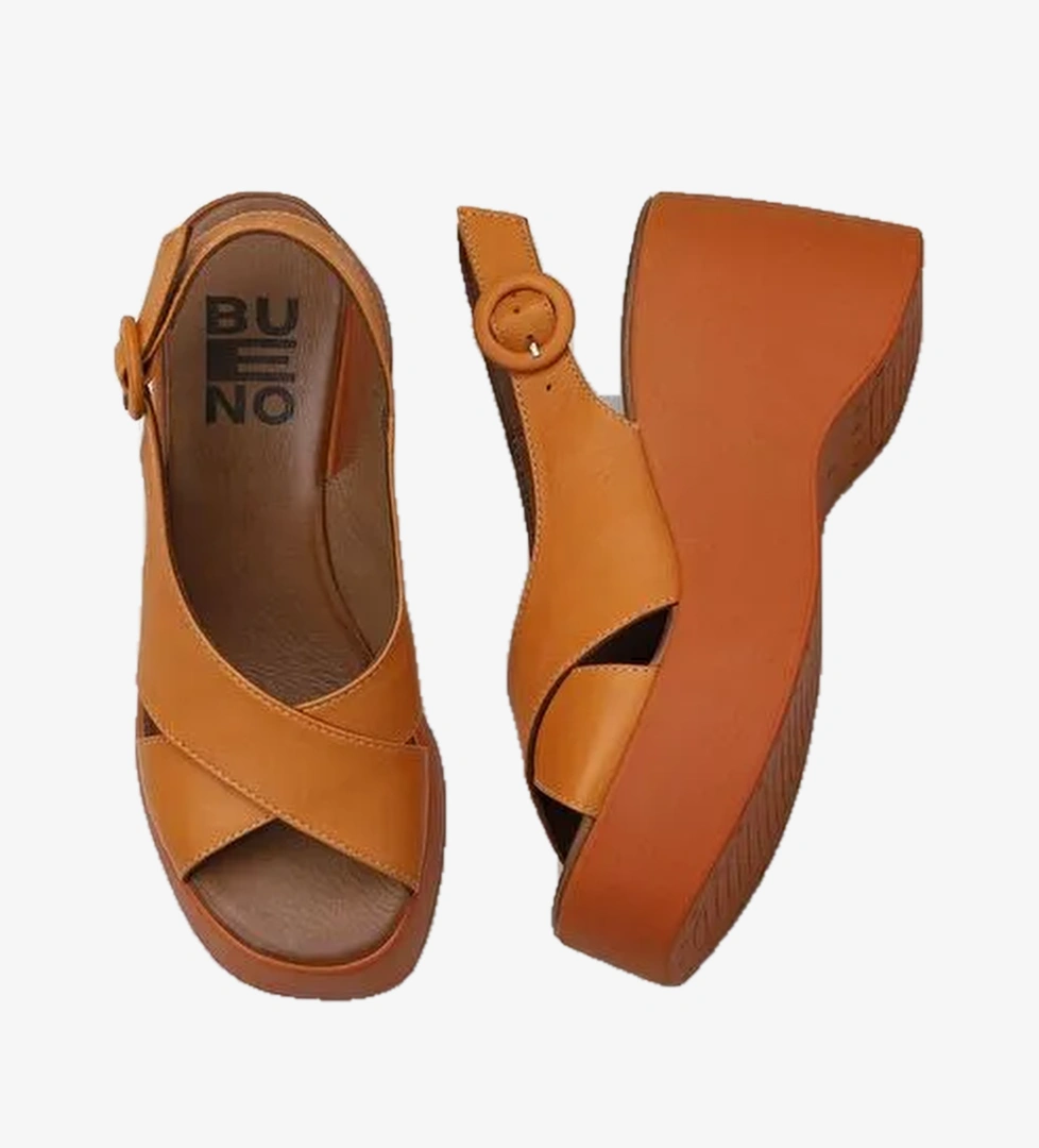 Bueno Shoes Turuncu Deri Kadın Dolgu Topuklu Sandalet 01wy9007