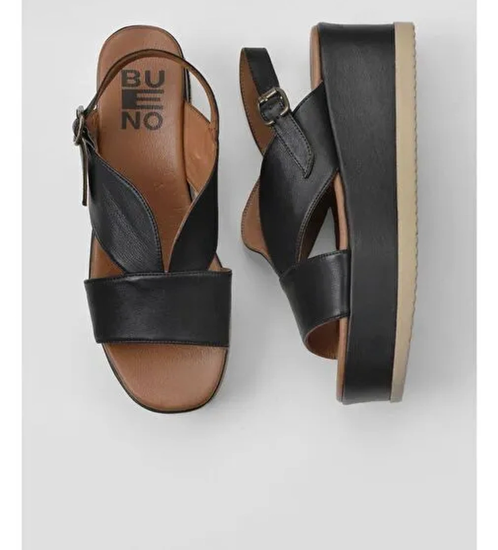 Bueno Shoes Siyah Deri Kadın Dolgu Topuklu Sandalet 01wy5800 - Görsel 1