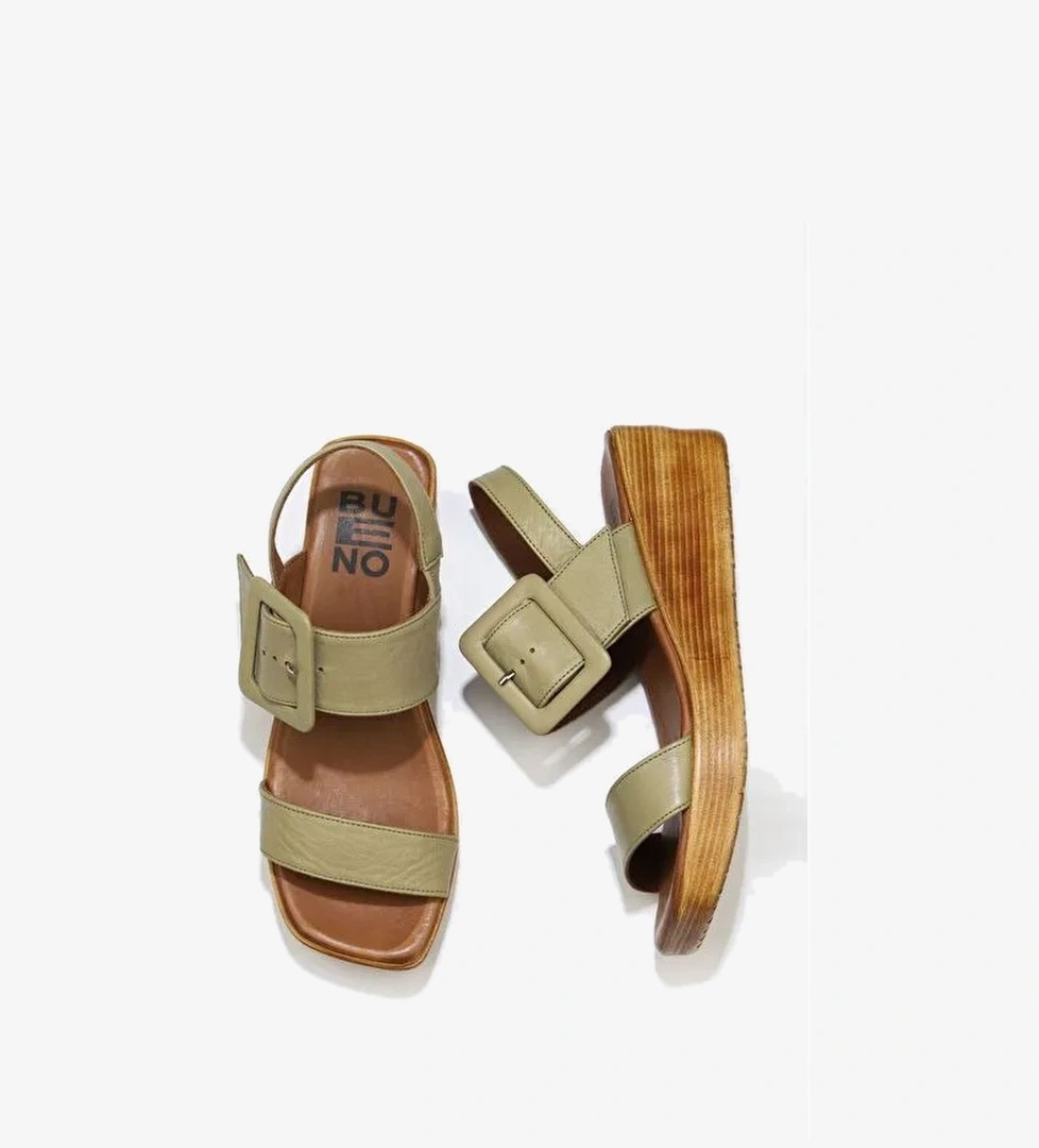 Bueno Shoes Haki Deri Kadın Dolgu Topuklu Sandalet 01ws5908 - Görsel 1
