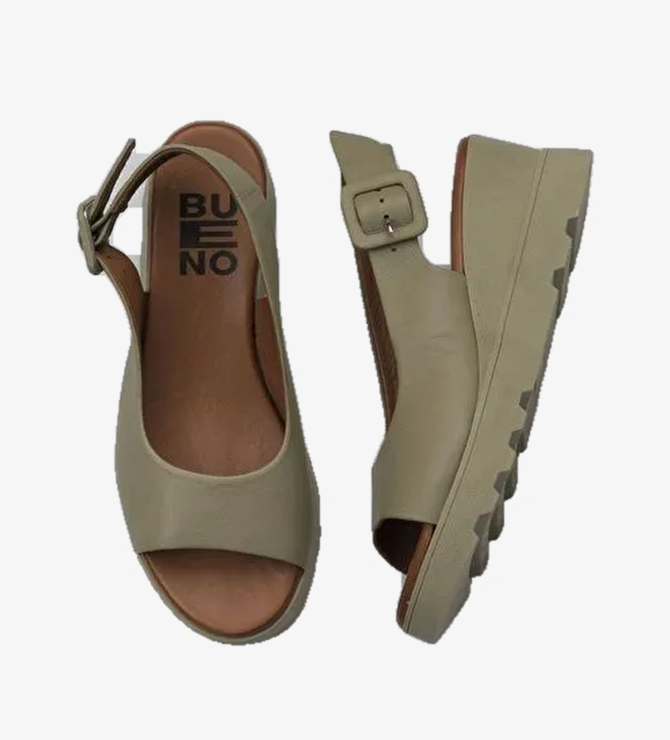 Bueno Shoes Haki Deri Kadın Dolgu Topuklu Sandalet 01wy8600