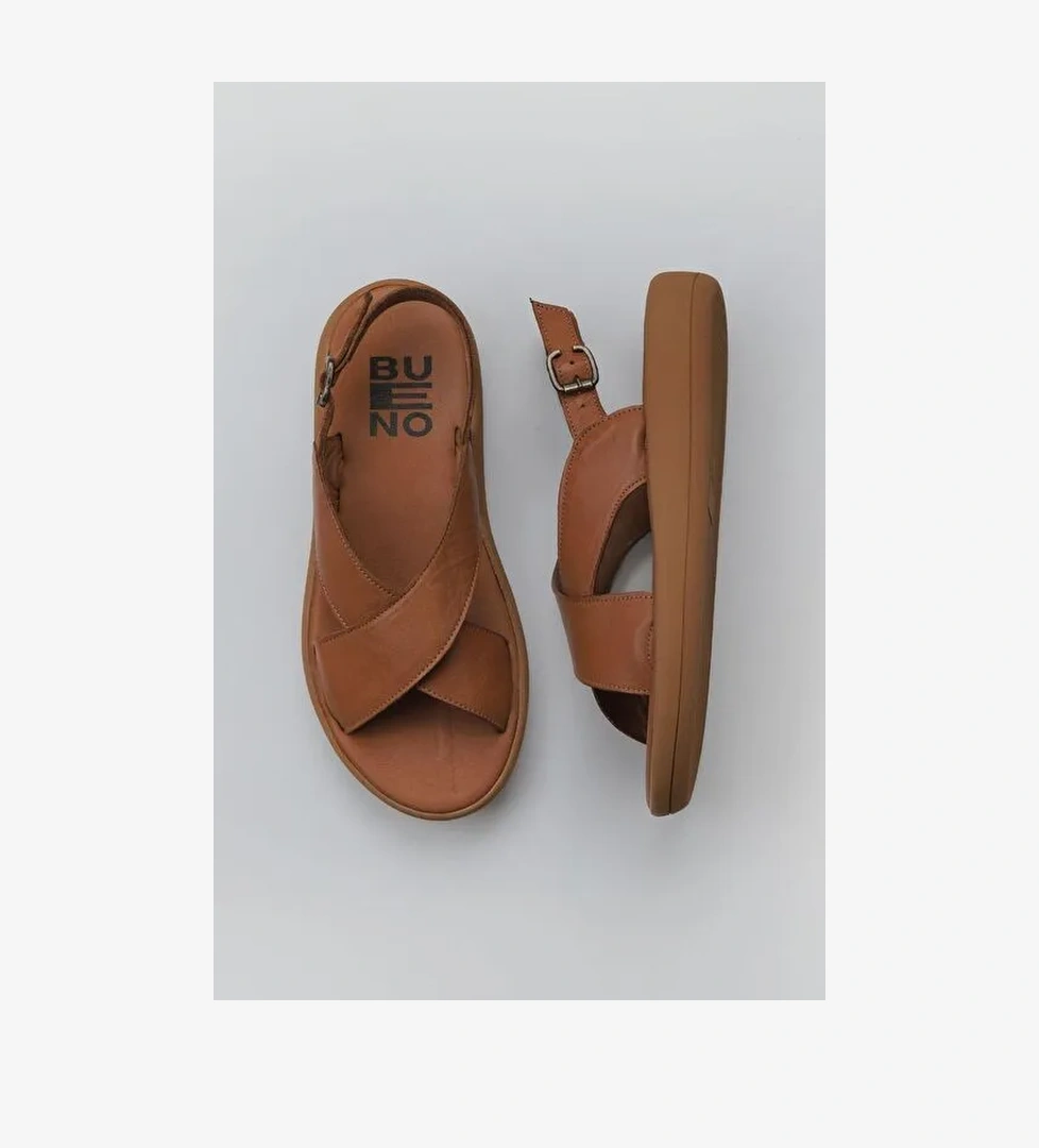 Bueno Shoes Taba Koyu Deri Kadın Dolgu Topuklu Sandalet 01wy2302 - Görsel 1