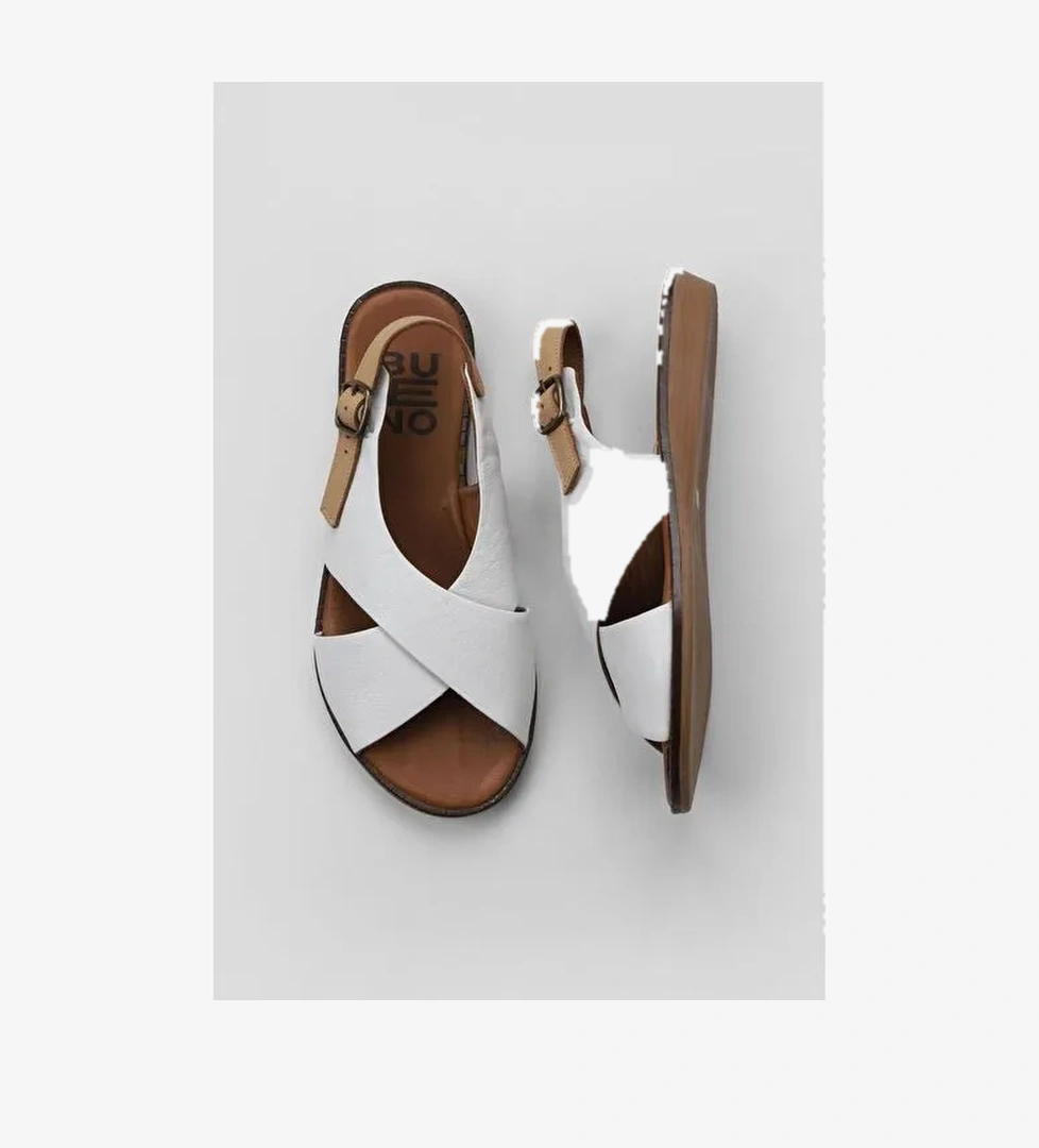 Bueno Shoes Beyaz Bej Deri Kadın Düz Sandalet 01wu8213 - Görsel 1