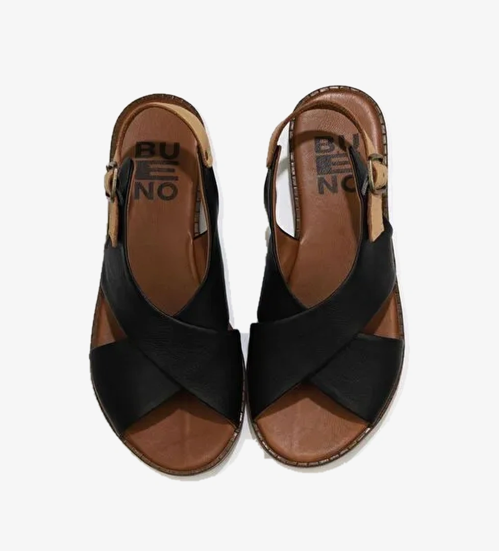 Bueno Shoes Siyah Bej Deri Kadın Düz Sandalet 01wu8213 - Görsel 1