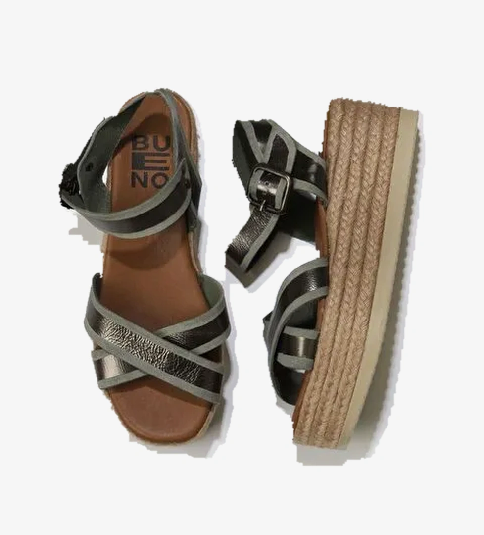 Bueno Shoes Haki Parlak Deri Kadın Dolgu Topuklu Espadril Sandalet 01wu6116 - Görsel 1
