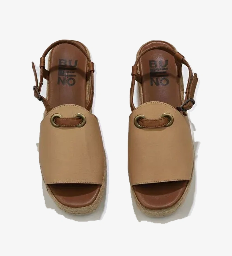 Bueno Shoes Bej Kahve Deri Kadın Dolgu Topuklu Espadril Sandalet 01wu6103 - Görsel 1