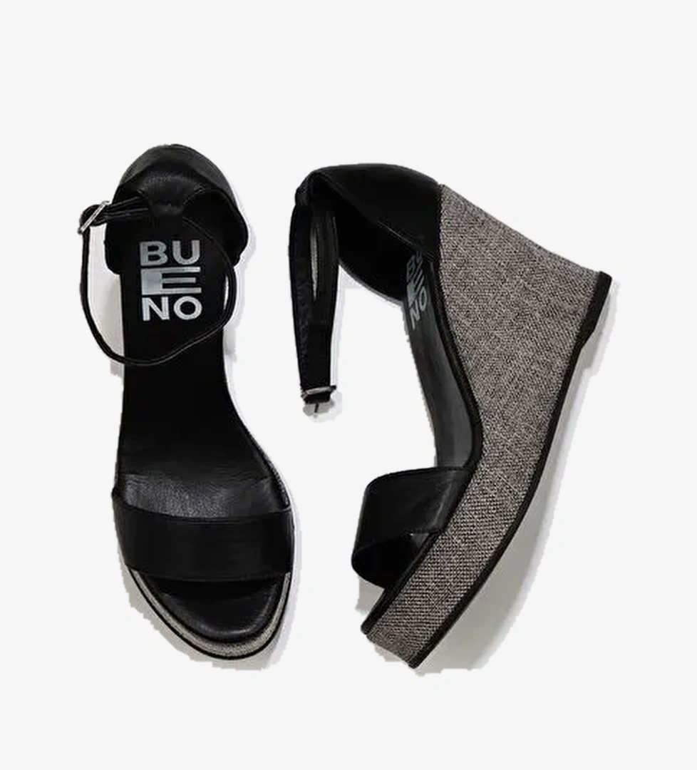 Bueno Shoes Siyah Deri Kadın Dolgu Topuklu Espadril Sandalet 01wu7200 - Görsel 1