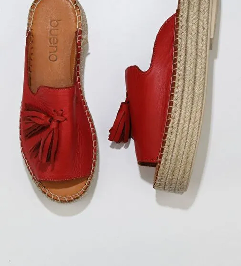 Bueno Shoes Kırmızı Deri Kadın Dolgu Topuklu Espadril Terlik 01wq3511 - Görsel 1