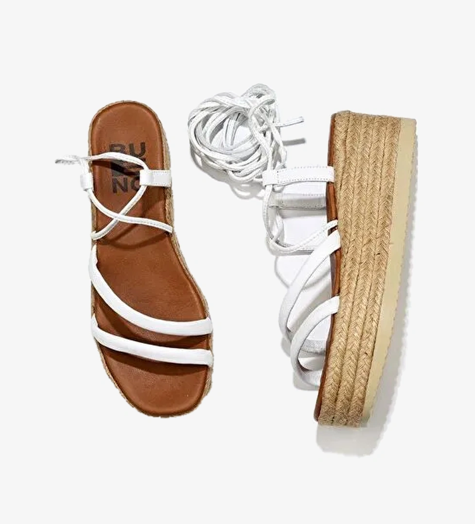 Bueno Shoes Beyaz Deri Kadın Dolgu Topuklu Espadril Sandalet 01wu6100 - Görsel 1