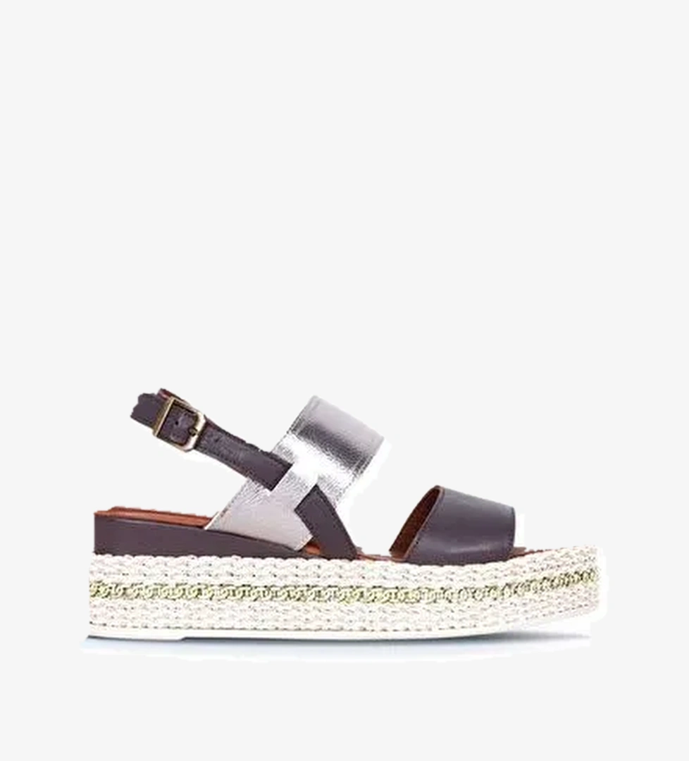 Bueno Shoes Taba Gümüş Deri Kadın Dolgu Topuklu Espadril Sandalet 01ws5200 - Görsel 1