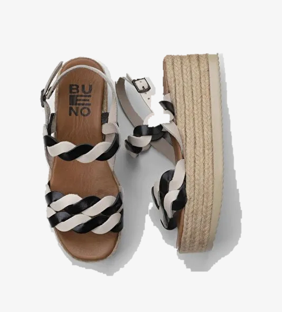 Bueno Shoes Siyah Bej Parlak Deri Kadın Dolgu Topuklu Espadril Sandalet 01wu6119 - Görsel 1