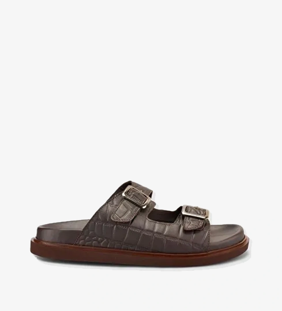 %100 Hakiki Deri Croco Desen Kahverengi Erkek Terlik - Görsel 1