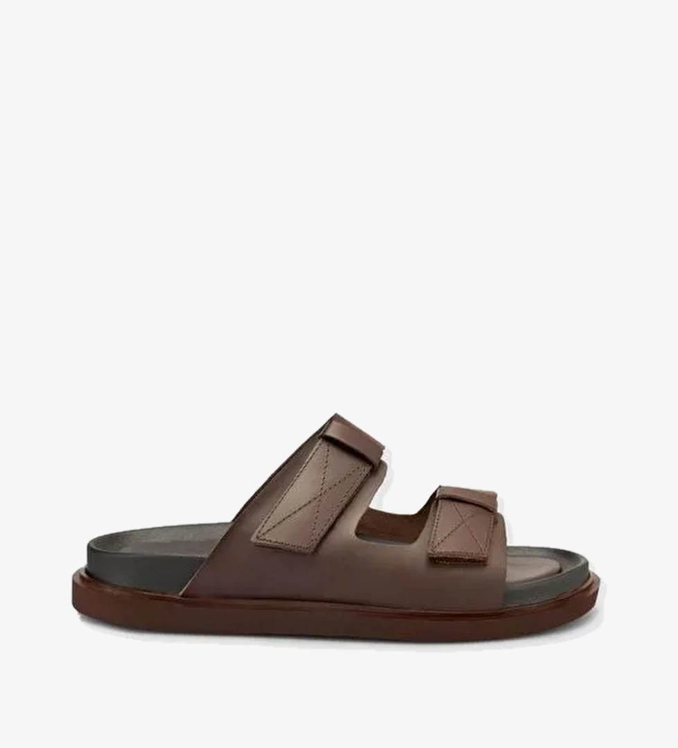 %100 Hakiki Deri Cırt Cırtlı Kahverengi Erkek Terlik - Görsel 1