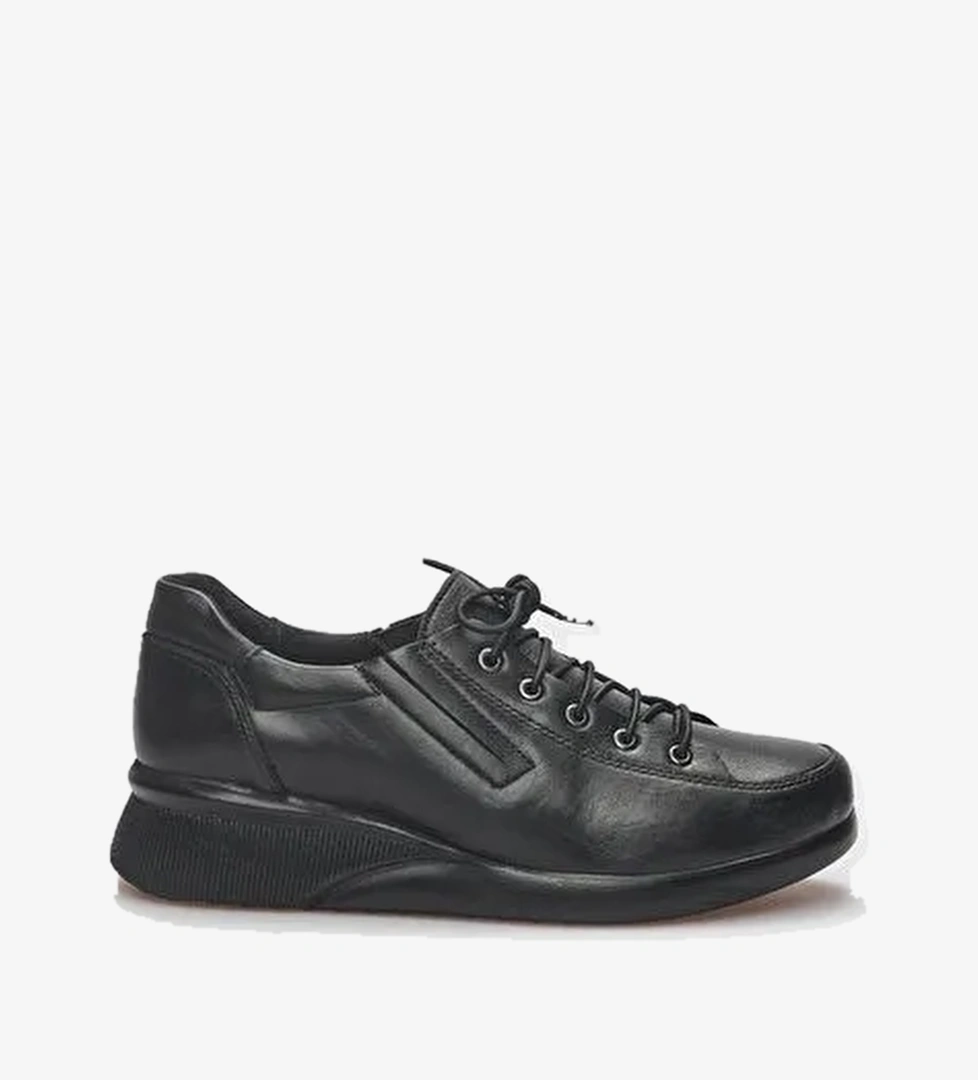 Hakiki Deri Siyah Bağcıklı Kadın Comfort Ayakkabı - Görsel 1