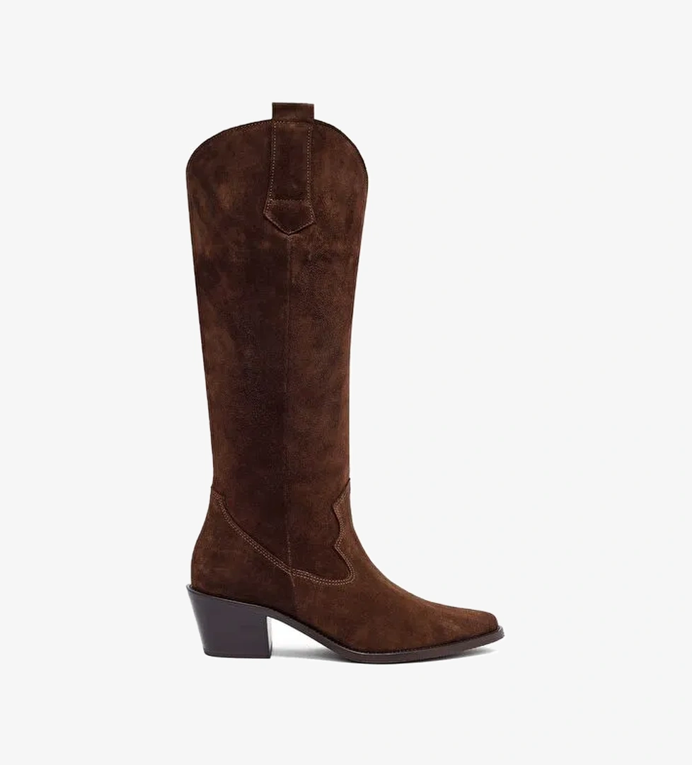 Kadın Kahverengi Kalın Topuklu Süet Deri Kovboy Çizme 25AFD152910 - Görsel 1