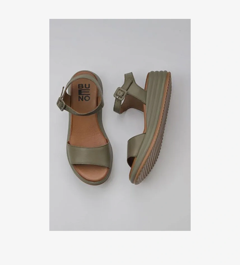 Bueno Shoes Haki Deri Kadın Dolgu Topuklu Sandalet 01wy5700 - Görsel 1