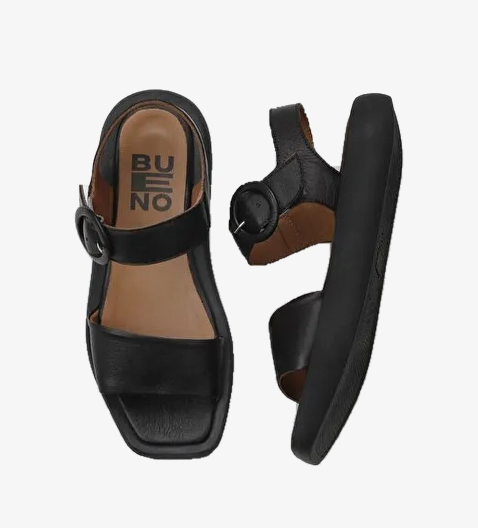 Bueno Shoes Siyah Khv Deri Kadın Dolgu Topuklu Sandalet 01wy1002