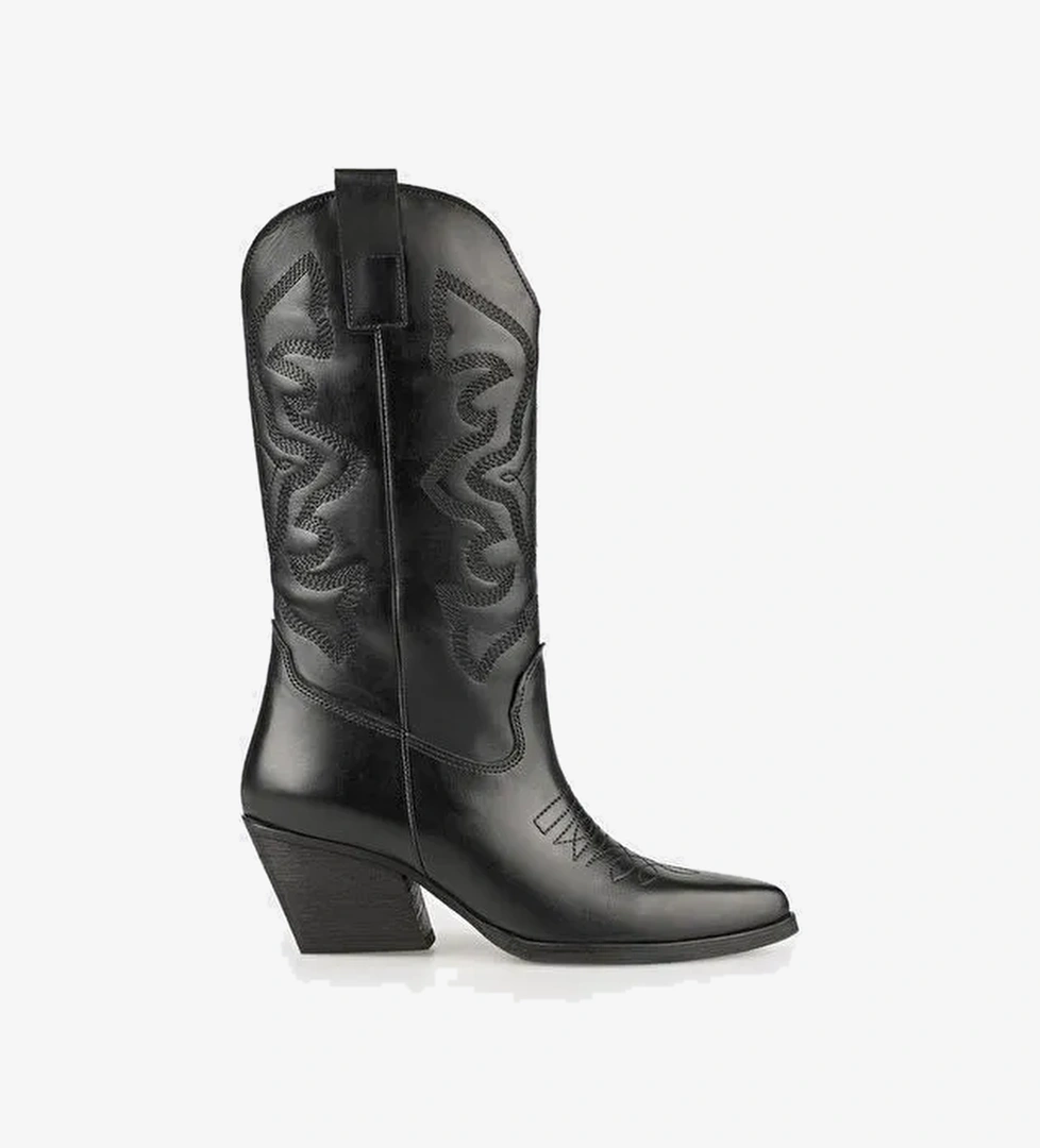 Siyah Deri Kadın Western Çizme - Görsel 1