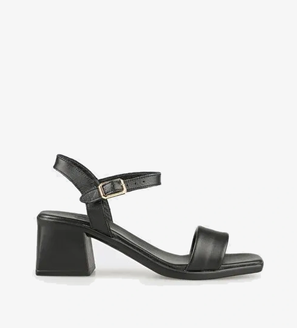 Siyah Deri Kadın Topuklu Sandalet - Görsel 1