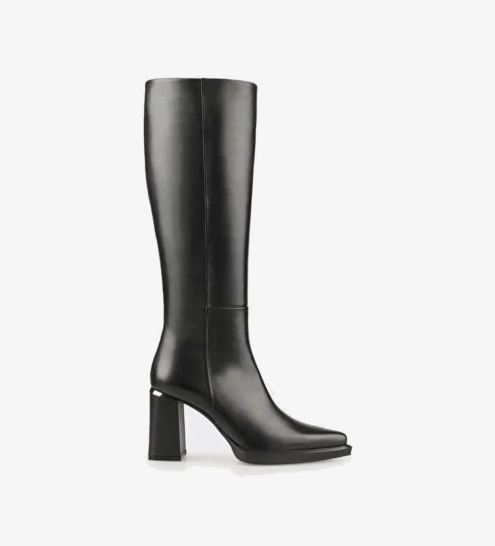 Siyah Deri Kadın Topuklu Çizme - Görsel 1