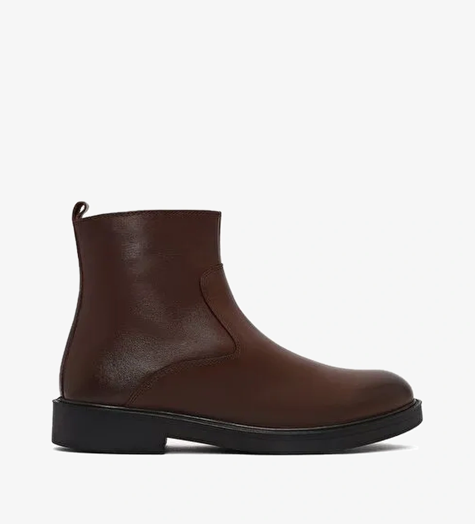 Erkek Kahverengi Fermuarlı Deri Casual Bot 25WFD702518 - Görsel 1