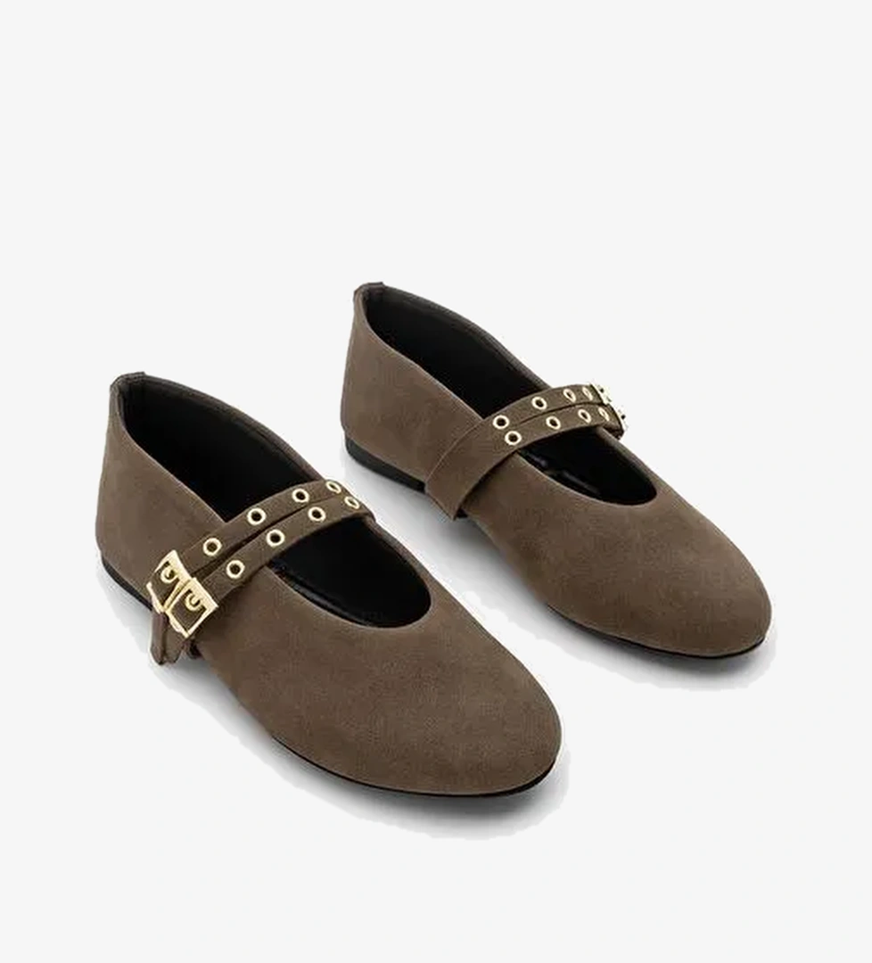 Kadın Çift Bantlı Zımbalı Günlük Babet Bekosa Kahve Süet - Görsel 1