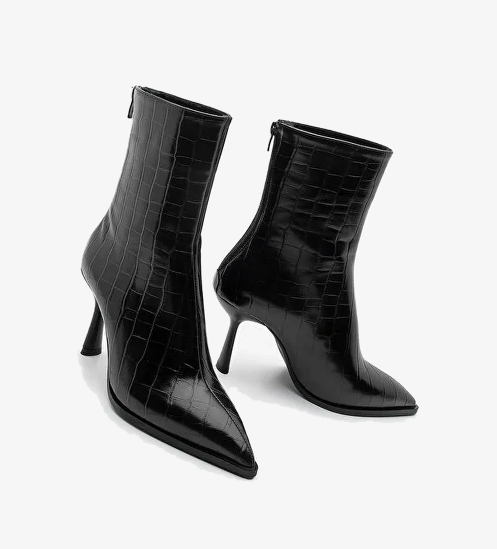Kadın Topuklu Bot Sivri Burun Kadeh Ökçe Arkadan Fermuarlı Günlük Klasik Bot Monos Siyah Croco - Görsel 1