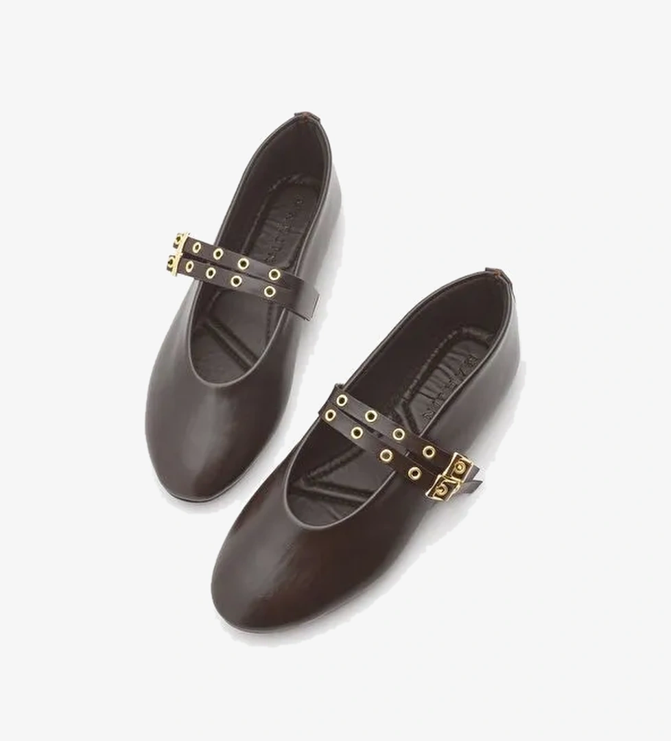 Kadın Çift Bantlı Zımbalı Günlük Babet Bekosa Kahve - Görsel 1