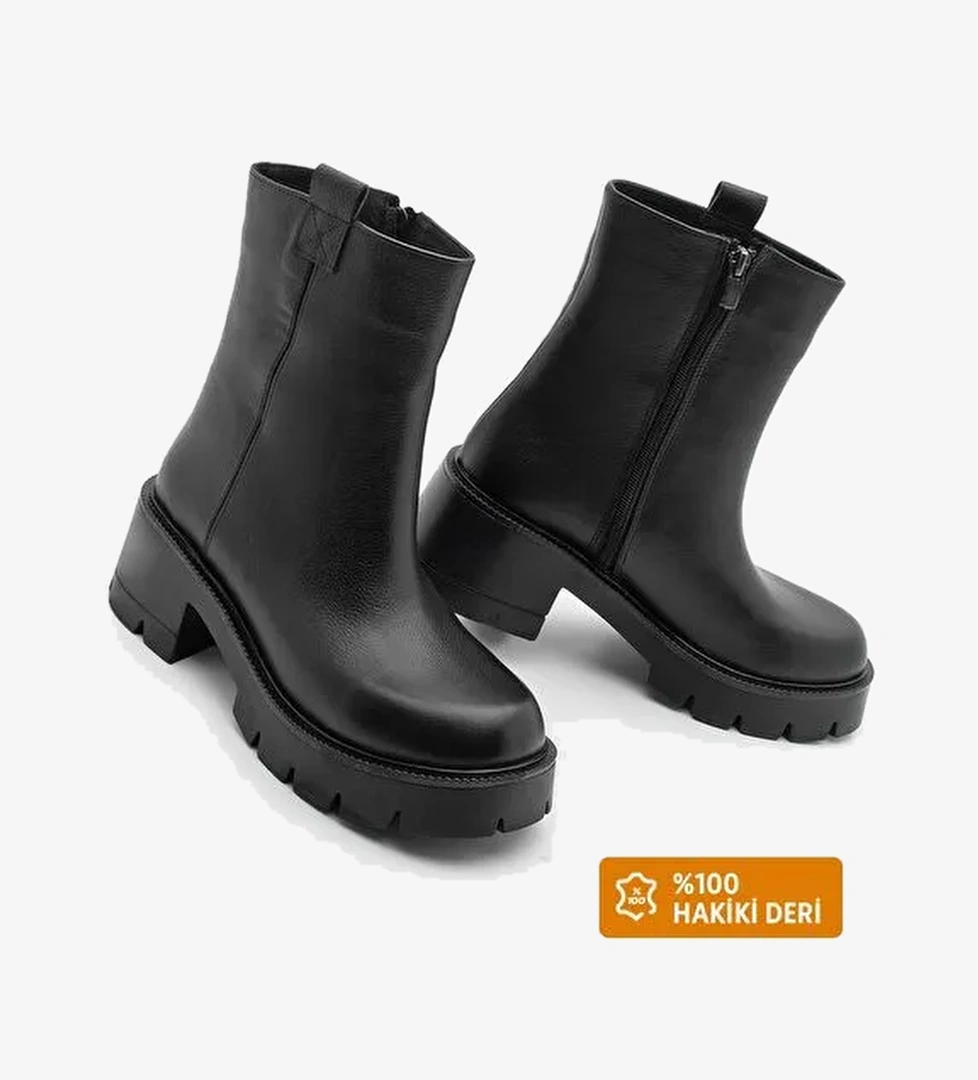 Kadın Hakiki Deri Günlük Bot Kalın Tırtıklı Taban Fesko Siyah - Görsel 1