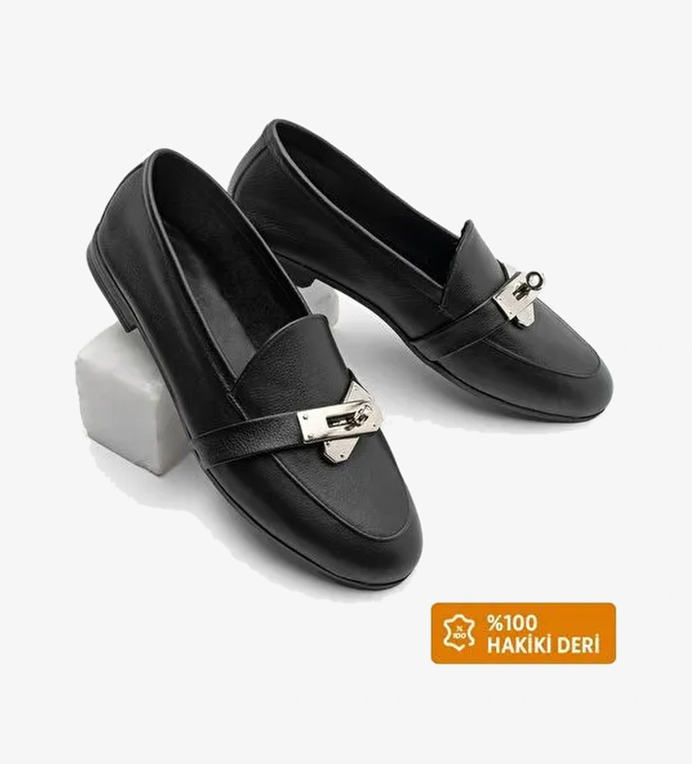 Kadın Loafer Hakiki Deri Tokalı Makosen Günlük Ayakkabı Nador Siyah - Görsel 1