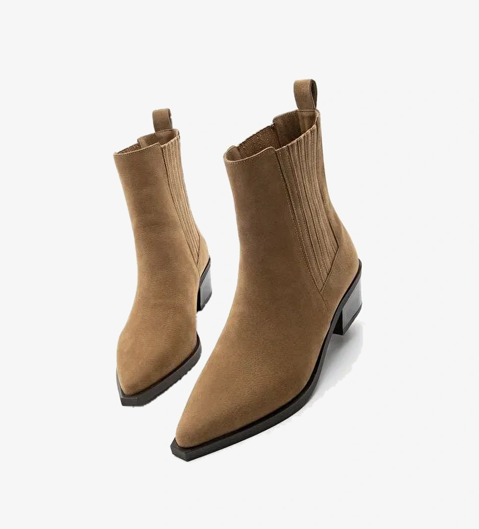 Kadın Sivri Burun Kalın Topuklu Chelsea Çift Lastikli Günlük Bot Losya Taba Süet - Görsel 1