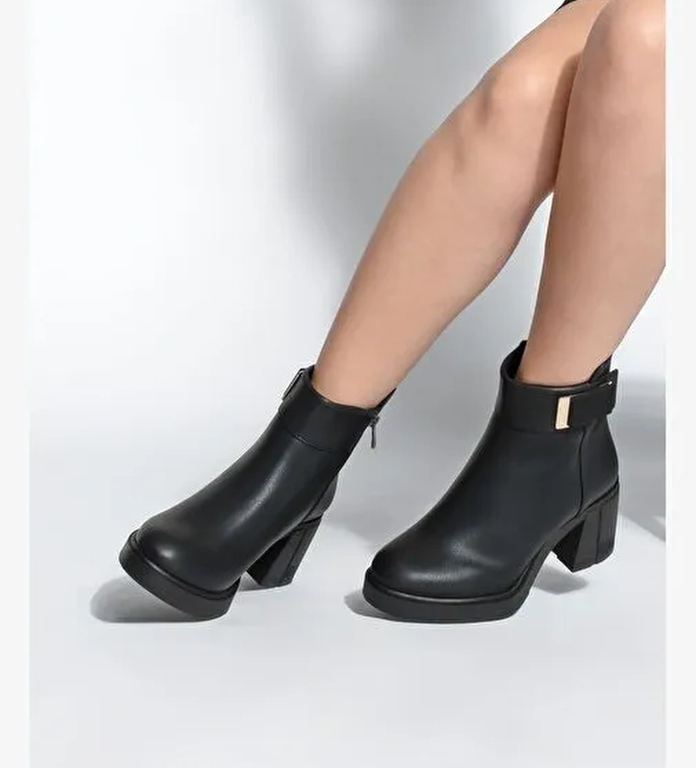 Kadın Tokalı Fermuarlı Kalın Topuklu Bot Nuvos Siyah - Görsel 1