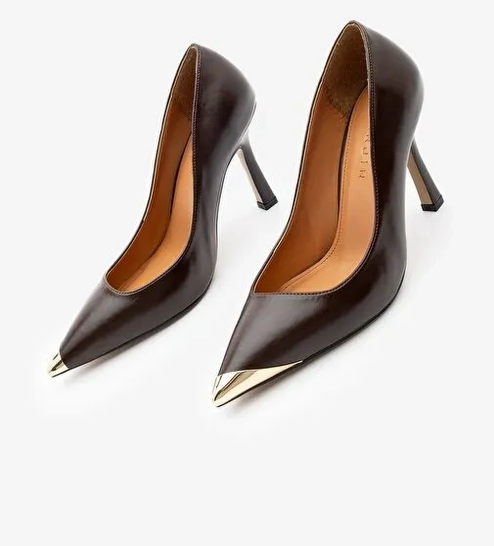 Kadın Stiletto Sivri Burun Altın Detaylı Topuklu Ayakkabı Ginez Kahve - Görsel 1