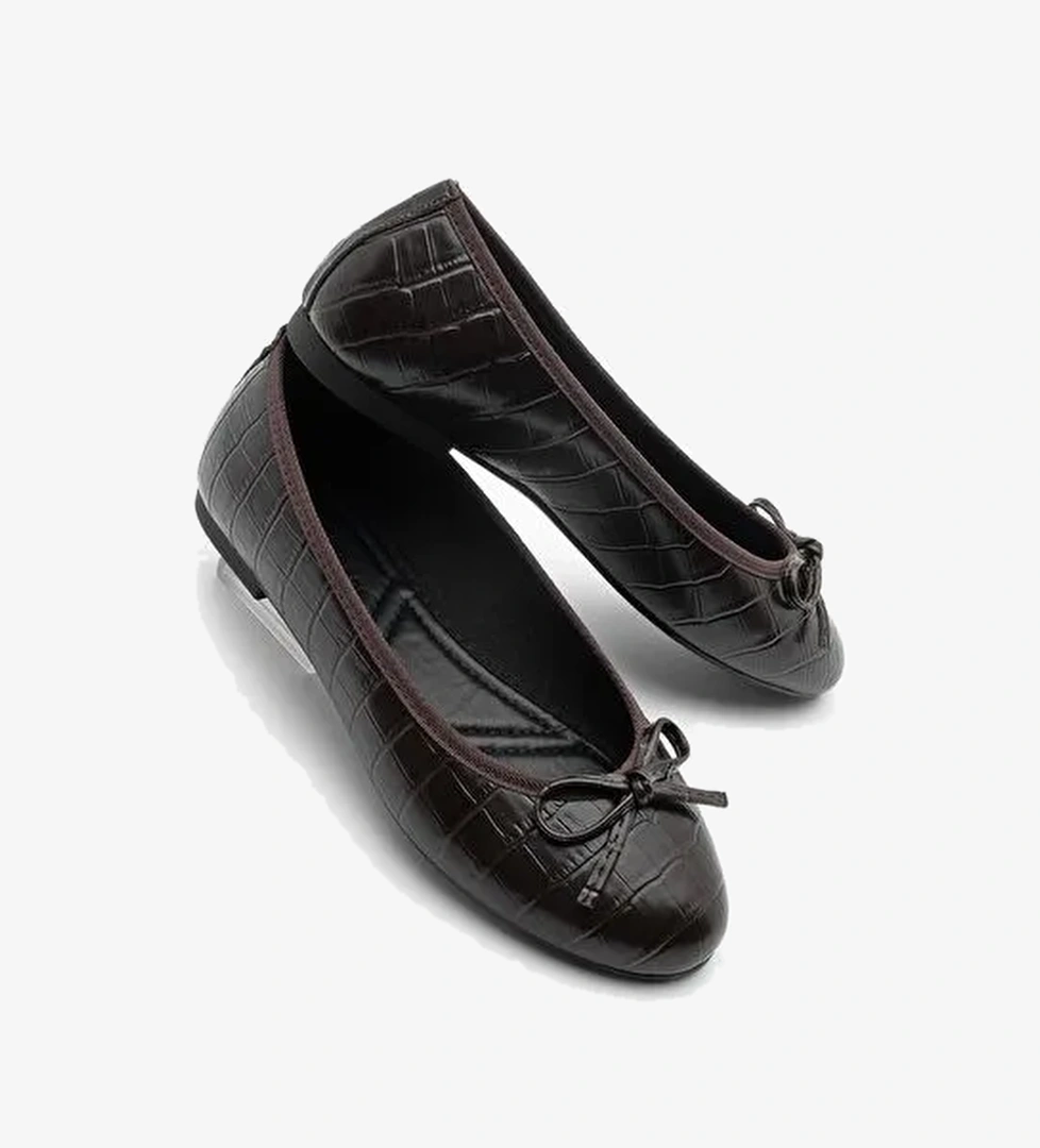 Kadın Yuvarlak Burun Balerin Fiyonklu Günlük Babet Lotvin Kahve Croco - Görsel 1