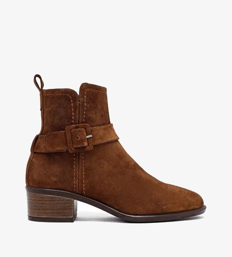 Kadın Taba Fermuarlı Kısa Topuklu Süet Deri Bot 25WFD202810 - Görsel 1