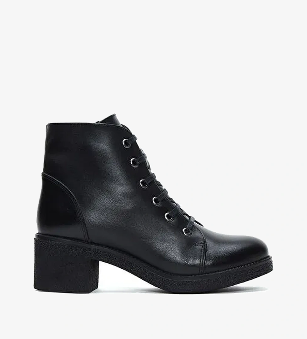 Kadın Siyah Fermuarlı Kalın Topuklu Deri Casual Bot 25WFD411418 - Görsel 1