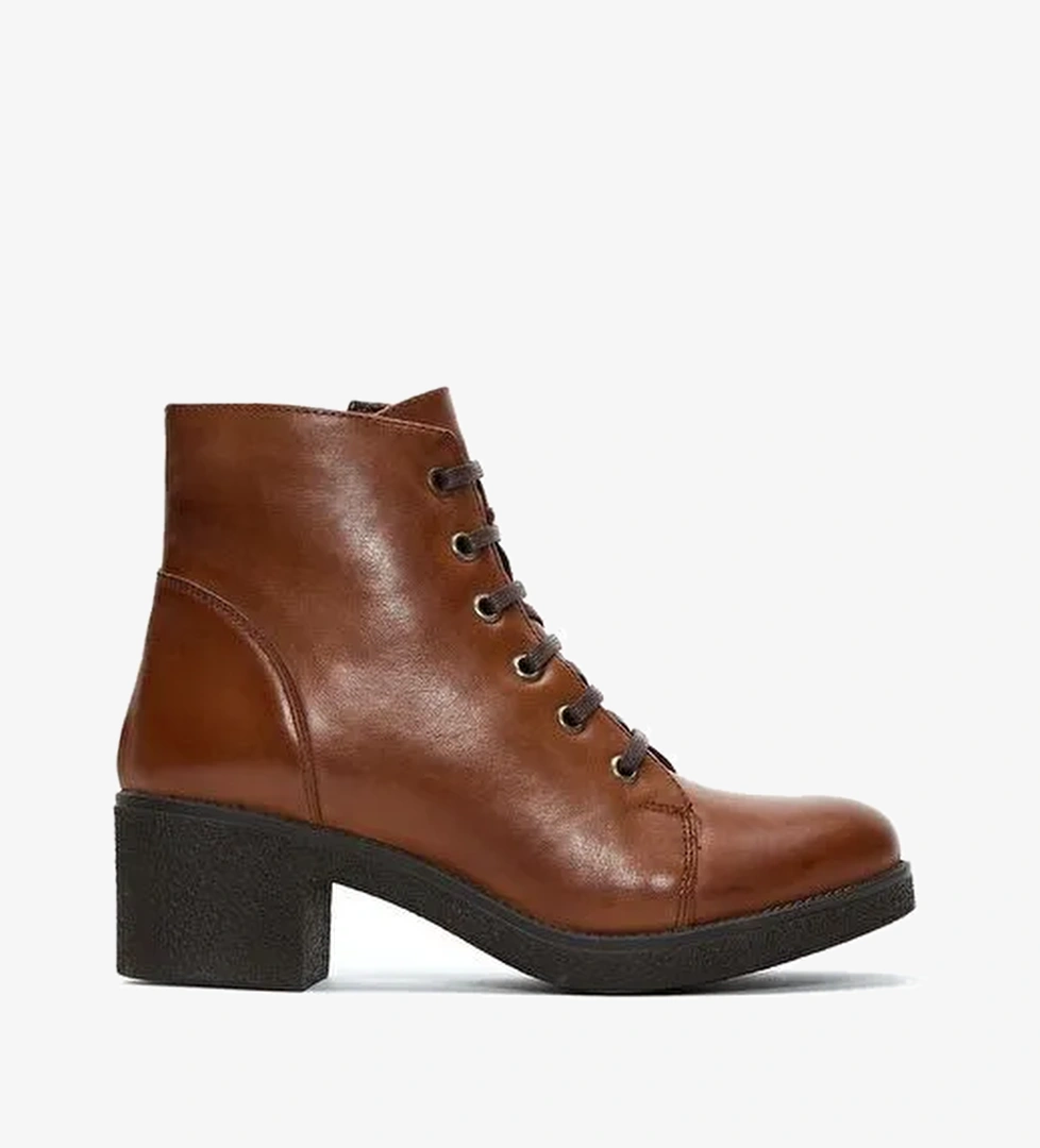 Kadın Taba Fermuarlı Kalın Topuklu Deri Casual Bot 25WFD411418 - Görsel 1