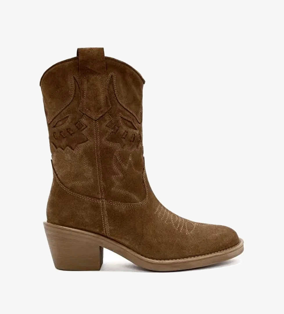 Kadın Vizon Kısa Kalın Topuklu Süet Deri Kovboy Bot 25AFD184210 - Görsel 1