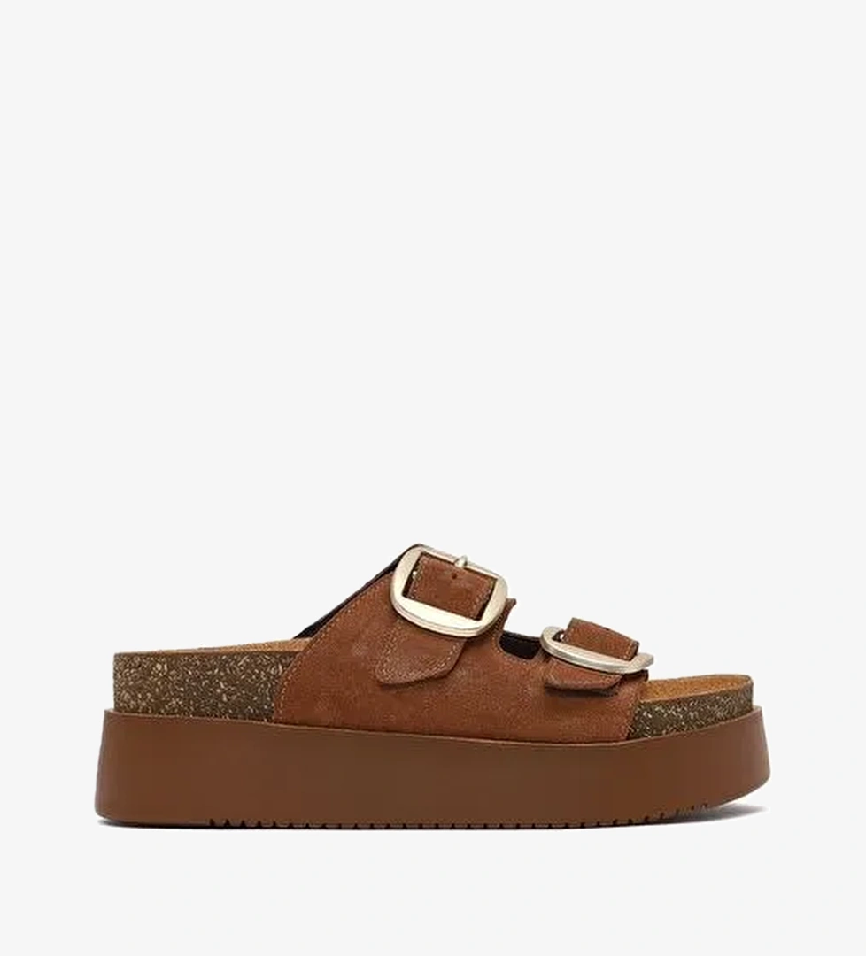 Kadın Taba Çift Tokalı Kalın Tabanlı Süet Deri Terlik 25SFD132810 - Görsel 1