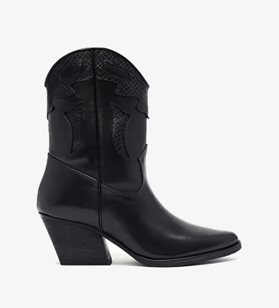 Kadın Siyah Kısa Kalın Topuklu Deri Kovboy Bot 25WFD182518 - Görsel 1