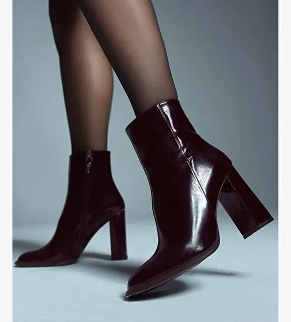 Kadın Bordo Fermuarlı Yüksek Kalın Topuklu Rugan Deri Bot 25WFD131116 - Görsel 1
