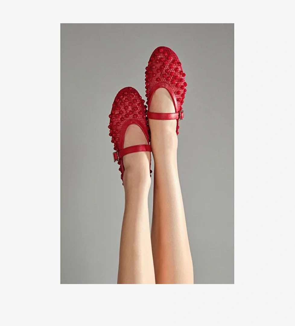 Kadın Kırmızı Tokalı Taşlı File Babet 25SFD444314 - Görsel 1