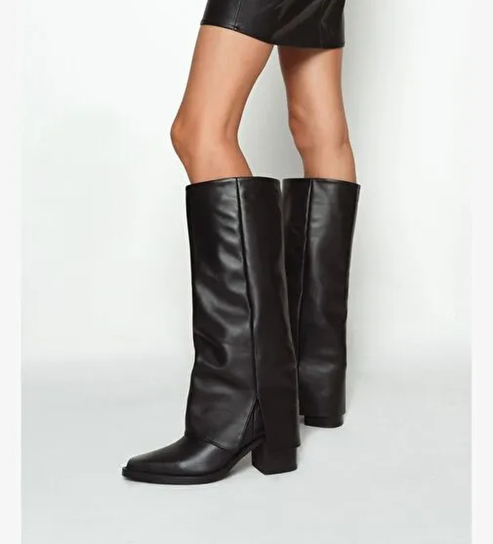 Kadın Siyah Kalın Topuklu Deri Çizme 25WFD153918 - Görsel 1