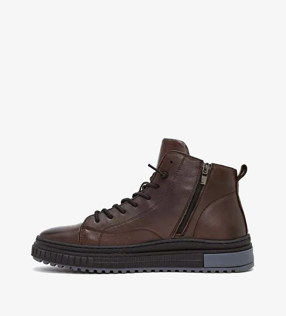 Erkek Kahverengi Fermuarlı Deri Spor Bot 25WFD692918 - Görsel 1