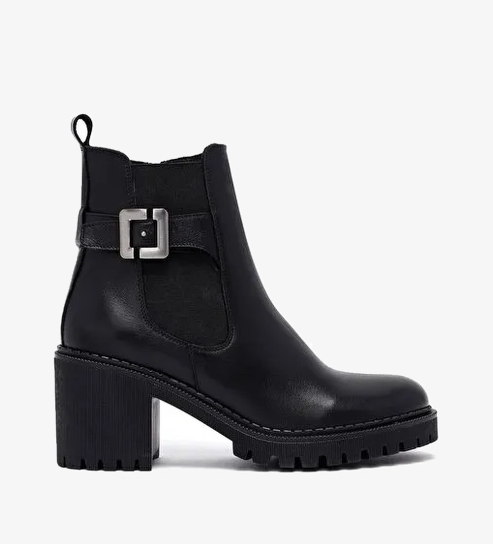 Kadın Siyah Fermuarlı Kalın Topuklu Deri Bot 25WFD203418 - Görsel 1