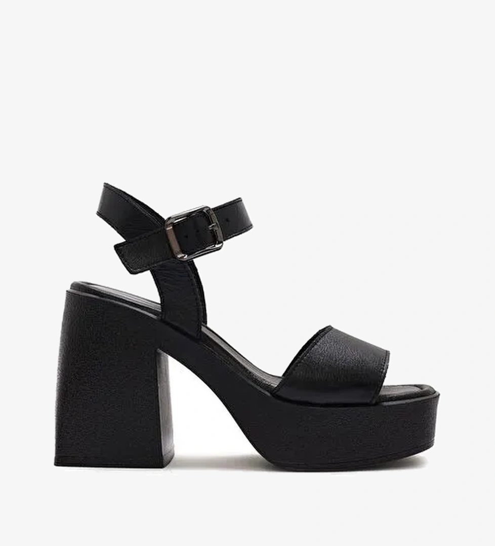 Kadın Siyah Bilekten Tokalı Platform Kalın Yüksek Kalın Topuklu Deri Sandalet 25SFD131418 - Görsel 1