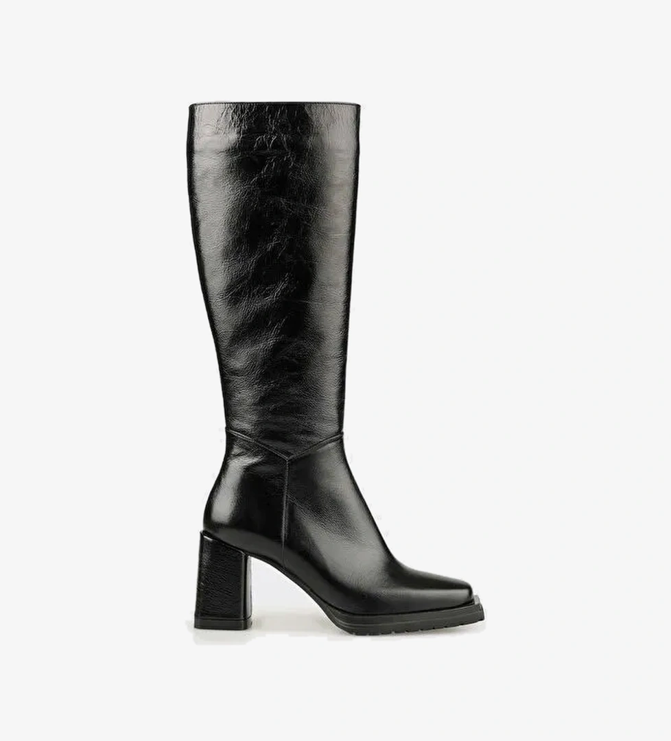 Siyah Deri Kadın Yüksek Topuk Çizme - Görsel 1