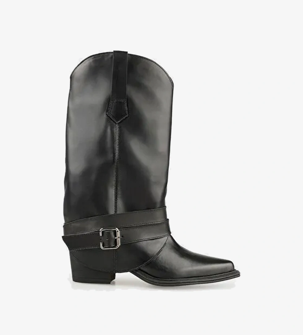 Siyah Deri Kadın Western Çizme - Görsel 1