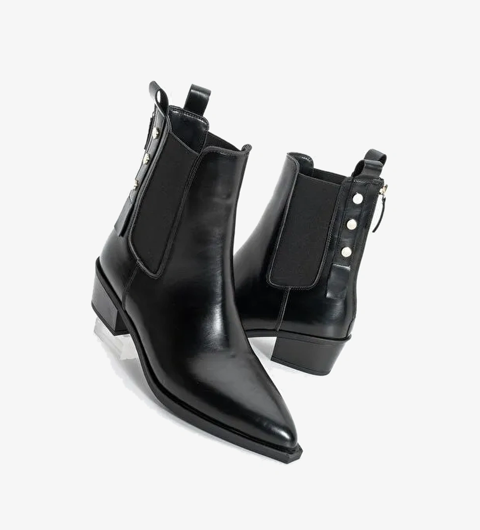 Kadın Sivri Burun Lastikli Kovboy Arkadan Fermuarlı Topuklu Western Bot Esoma Siyah - Görsel 1