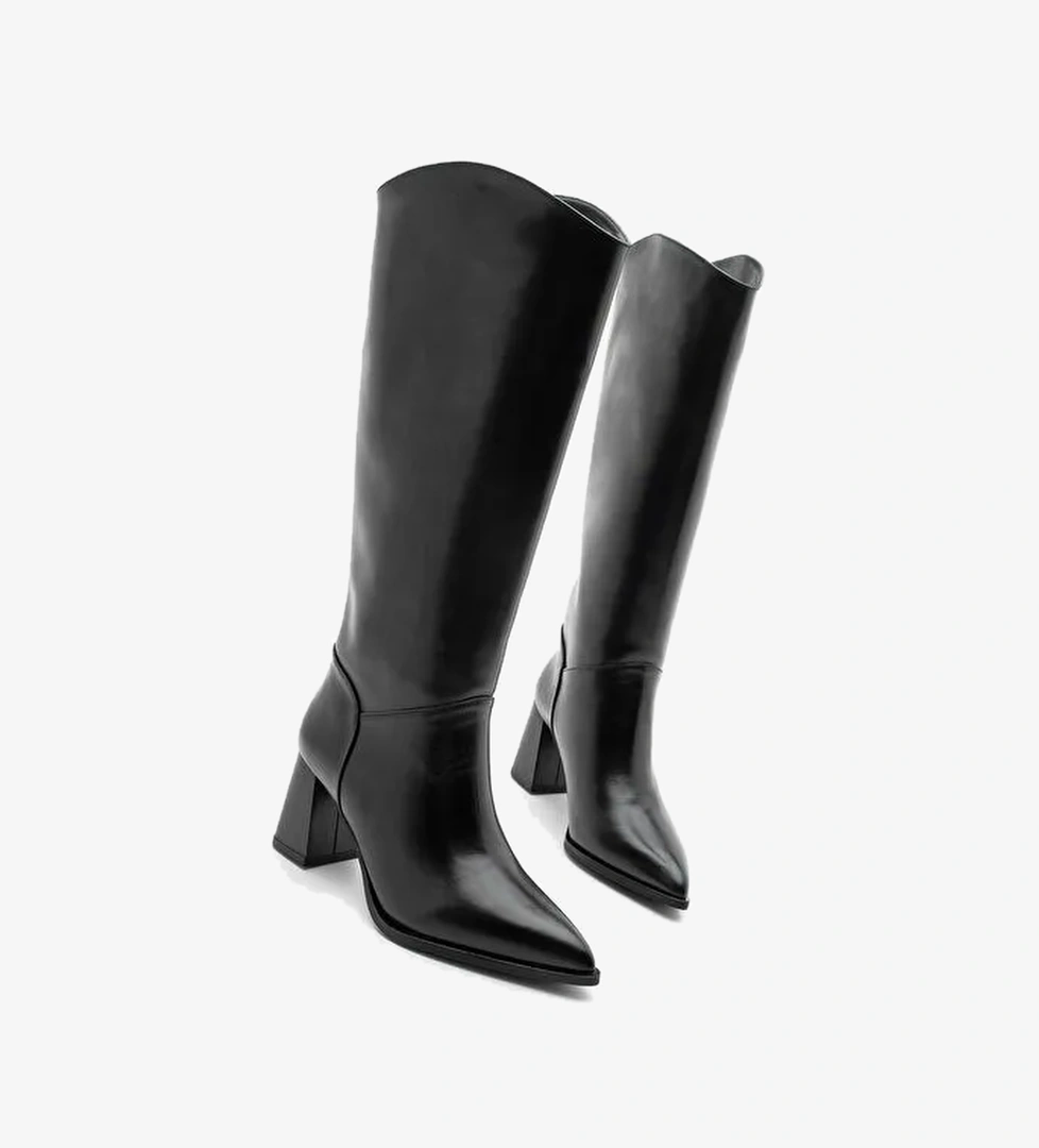 Kadın Sivri Burun Kalın Topuklu Fermuarsız Topuklu Çizme Tines Siyah - Görsel 1