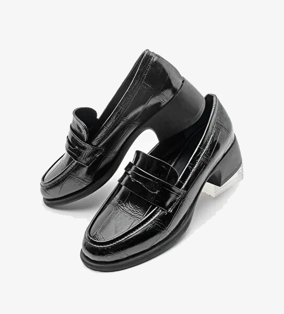 Kadın Kalın Topuklu Loafer Croco Günlük Ayakkabı Nufit Siyah